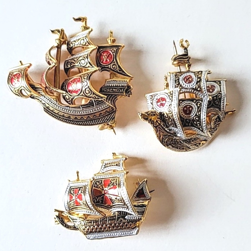 DAMASCENE SPANISH ARMADA SAILING SHIP BROOCHES - PIRATE SHIP, MALTESE CROSS - Picture 13 of 13